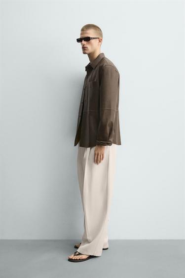 LEATHER SHIRT WITH POCKET - Khaki by Zara - Image 3