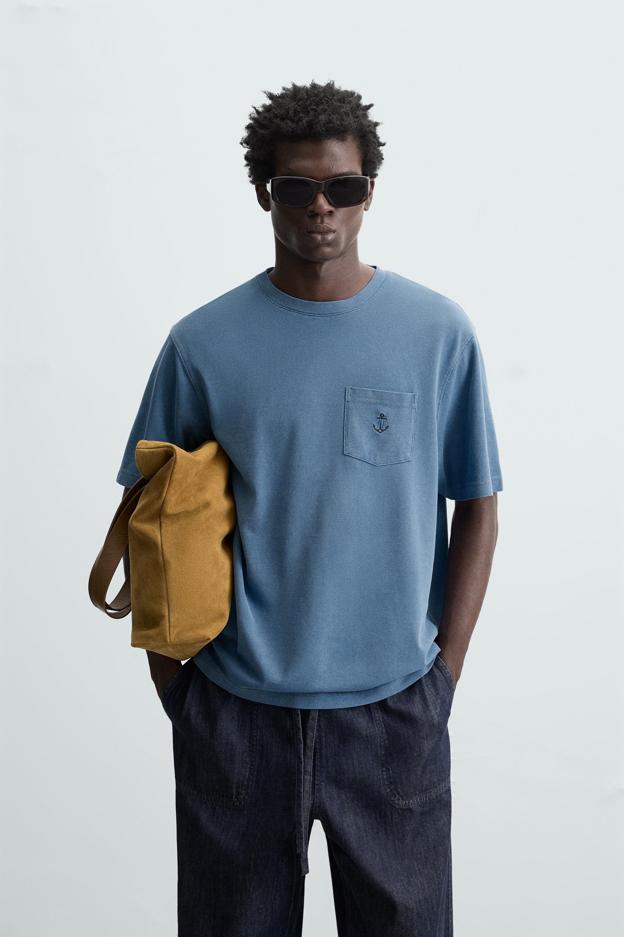 CAMISETA DE PIQUÊ BORDADA - Azul-lavado | ZARA Brasil