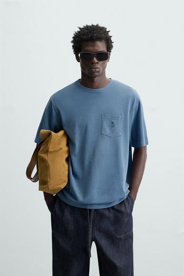 EMBROIDERED PIQUÉ T-SHIRT - Faded blue by Zara