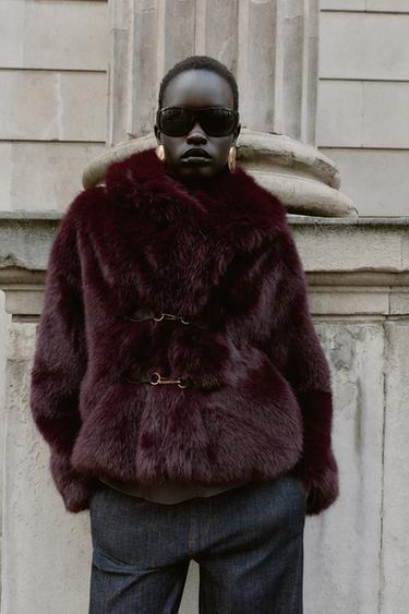 FAUX FUR JACKET WITH TOGGLE FASTENING - Burgundy by Zara