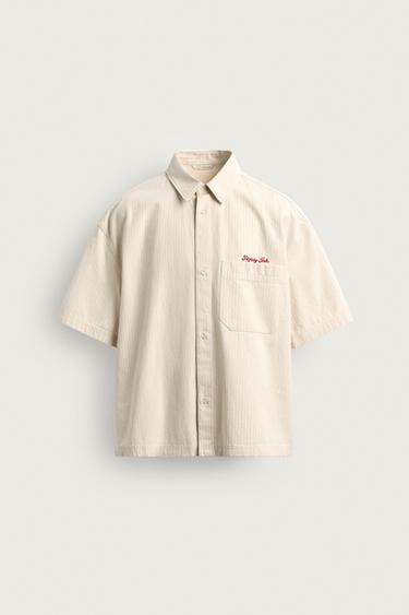 CAMISA CUADROS TEXTO BORDADO - Crudo de Zara