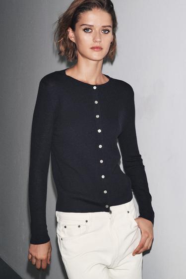 GILET 100 % LAINE CÔTELÉ - Bleu marine de Zara - Image 3