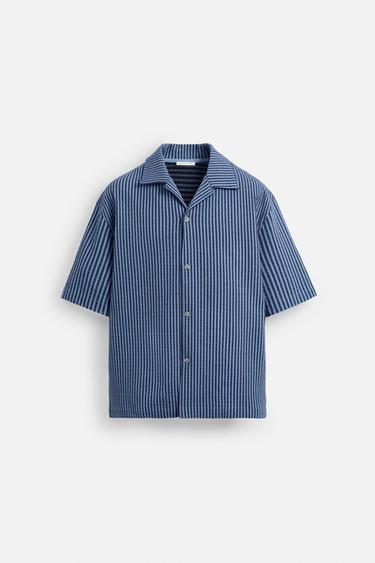 Zara RELAXED FIT SEERSUCKER SHIRT - Blue / Navy