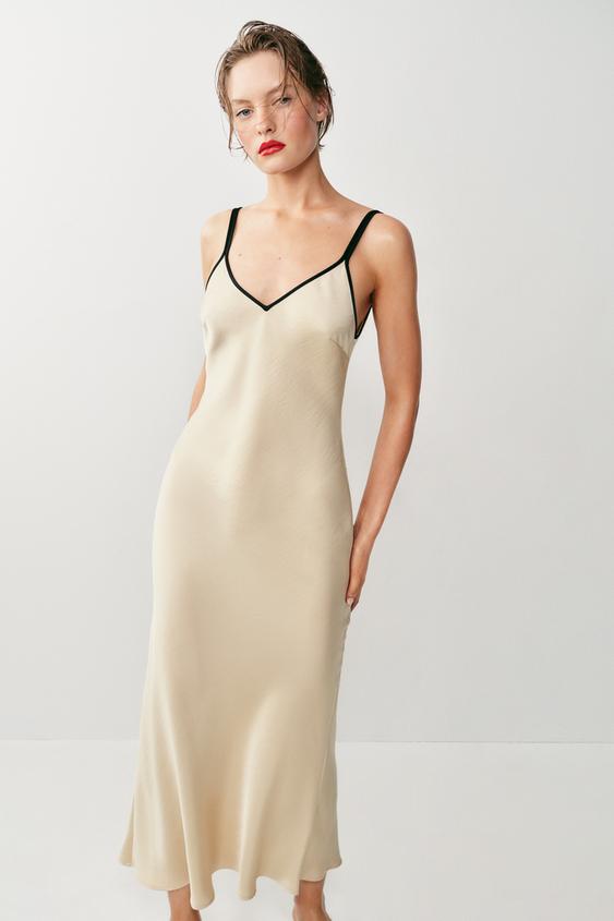 CONTRAST TRIM SATIN MIDI DRESS - Beige by Zara - Image 1