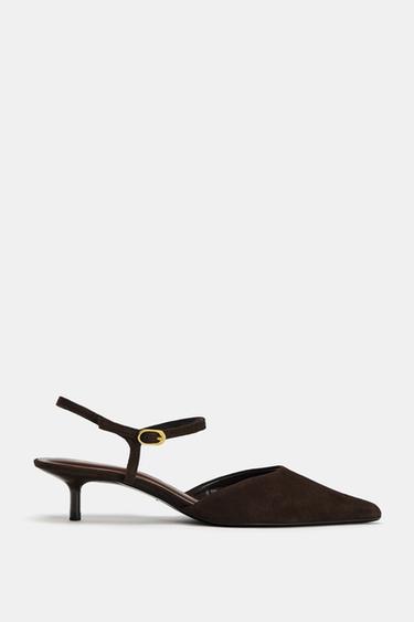 SUEDE KITTEN HEEL SLINGBACK SHOES - Brown by Zara