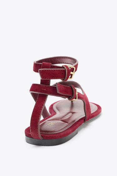 SPLIT SUEDE FLAT TOE POST SANDALS - Red by Zara - Image 4