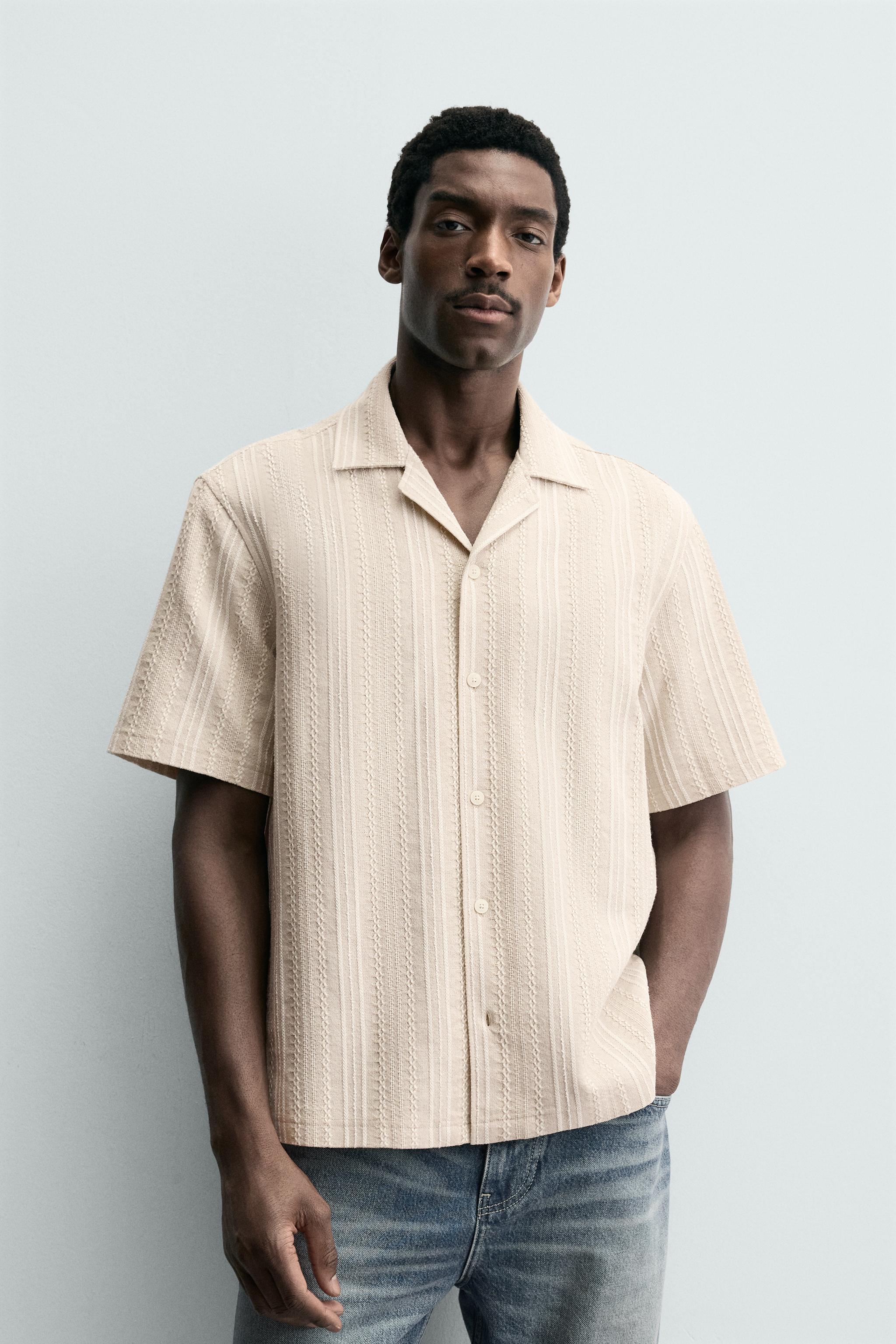 sugar by yuu パール ボタン シャツ キャメル Instagram GEOMETRIC JACQUARD SHIRT - Navy blue | ZARA United States