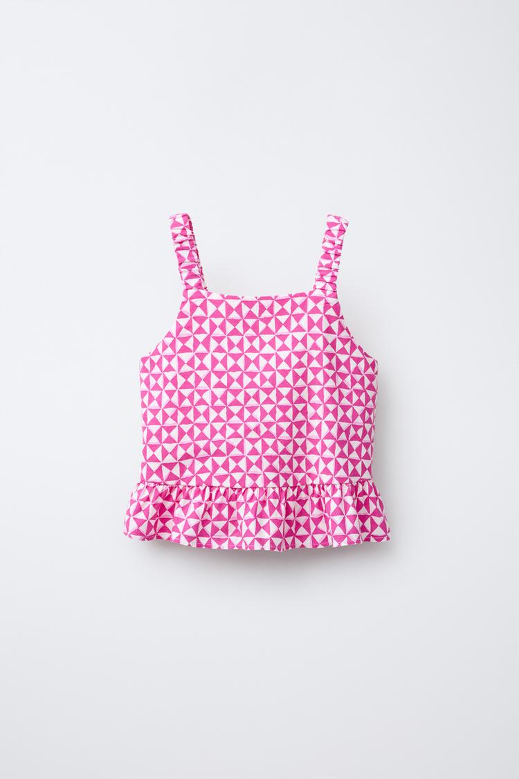 PRINTED LINEN BLEND TOP Pink White ZARA Australia