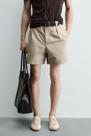 Zara 棉質/萊賽爾纖維打褶短褲 - 斑紋米色