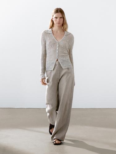 Zara Pinstriped wide-leg linen trousers - Anthracite Gray - Image 0