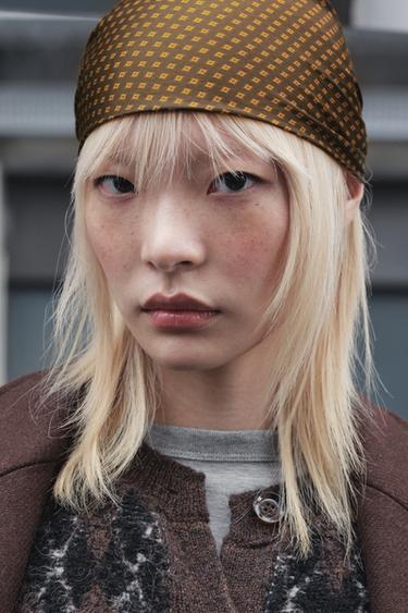 Zara 緞面印花頭巾 - 卡其色