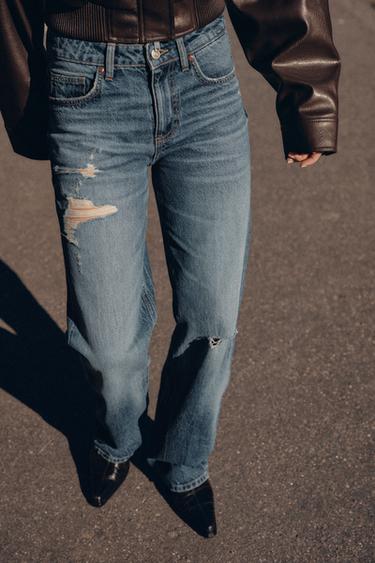 TRF RIPPED MID-WAIST WIDE-LEG JEANS - Blue by Zara
