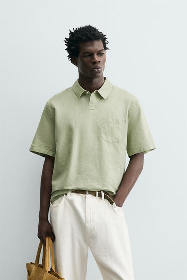 REGULAR FIT HEMP/COTTON POLO SHIRT - Light green by Zara