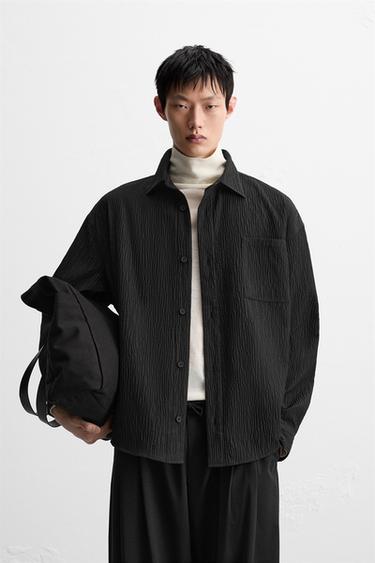 Zara OVERSIZE FIT 加大版凸紋襯衫式外套 - 黑色