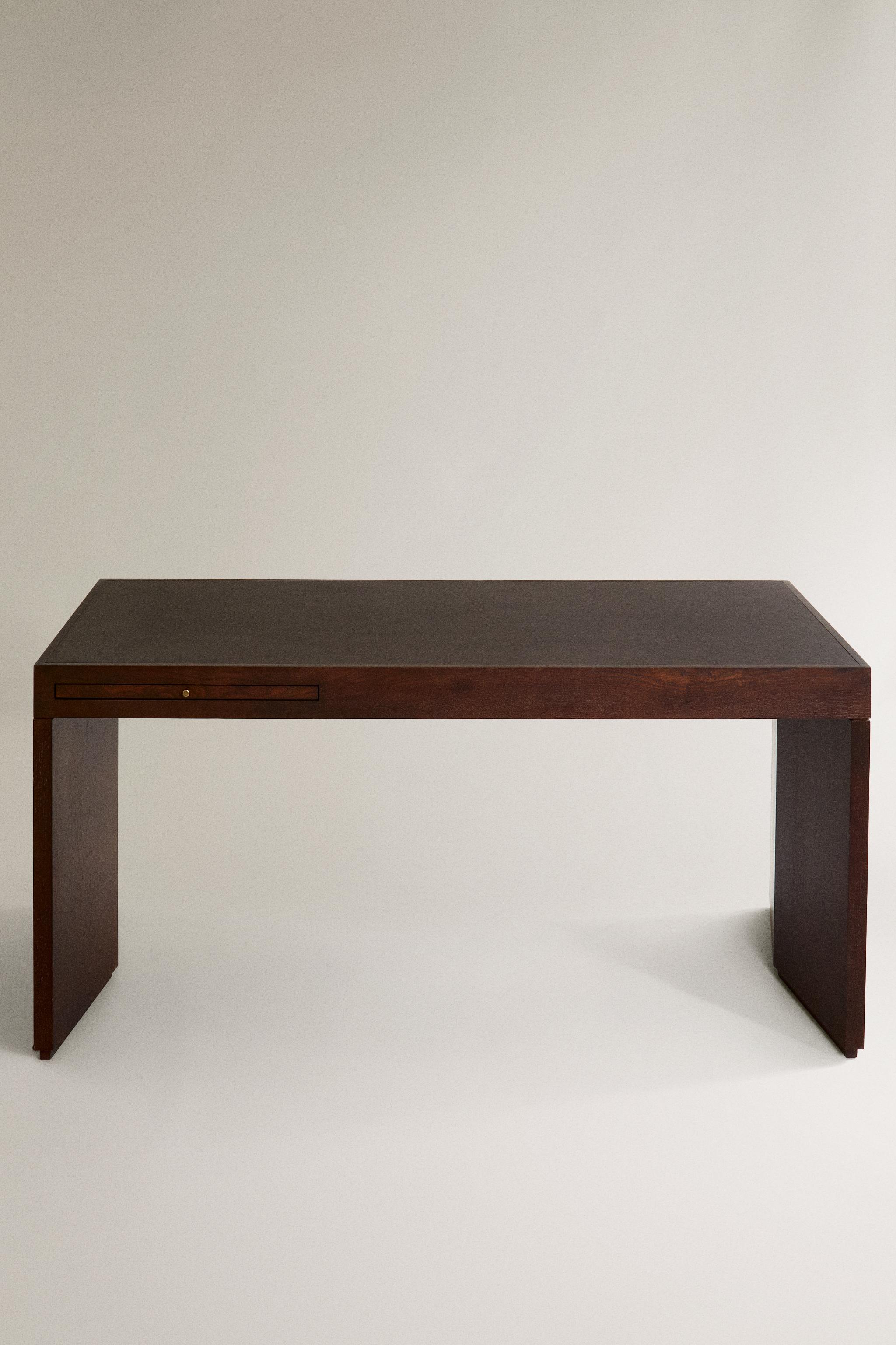 WOOD AND LEATHER DESK — Dark brown