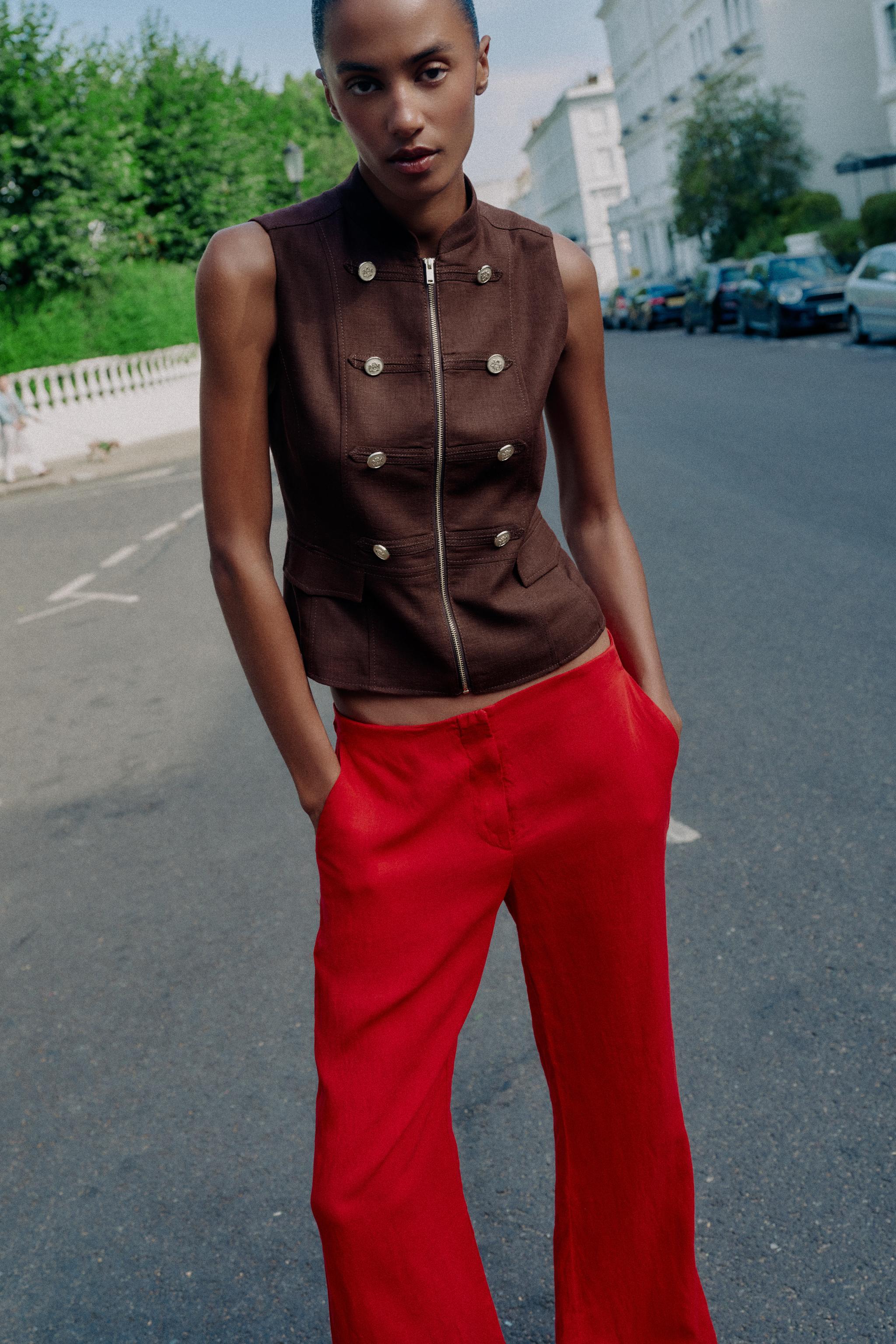 VEST WITH FROG FASTENING AND ZIP — Brown