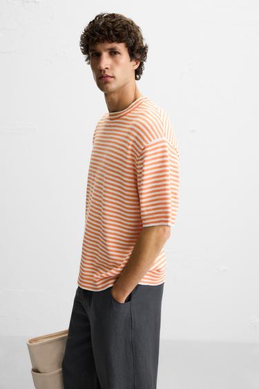 STRIPED TEXTURED KNIT T-SHIRT - white-orange by Zara - Image 5