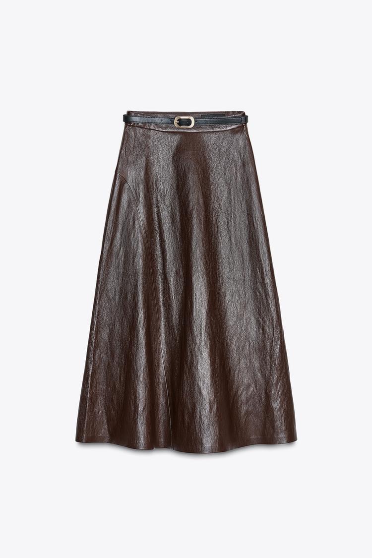 Front view of a burgundy faux-leather midi skirt with belt and concealed side zip fastening.