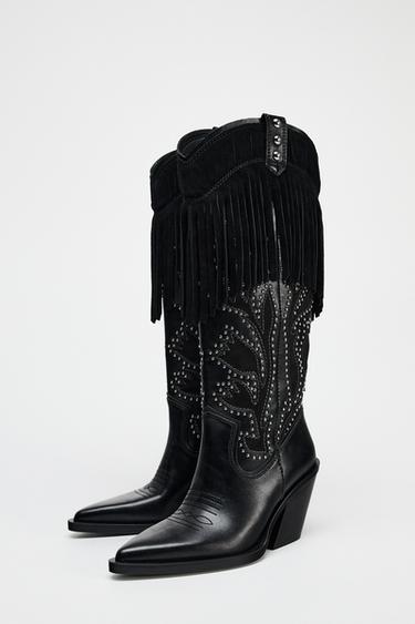 Zara FRINGED STUDDED COWBOY BOOTS - Black