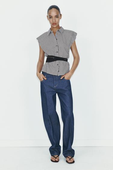 Zara STRIPED PUFF SLEEVE SHIRT - Brown Stripes