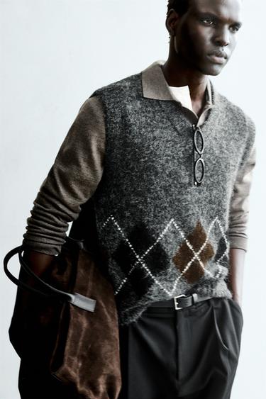 ЖАКАРДОВИЙ ТРИКОТАЖНИЙ ЖИЛЕТ У РОМБИ - Сіро-глинястий Zara