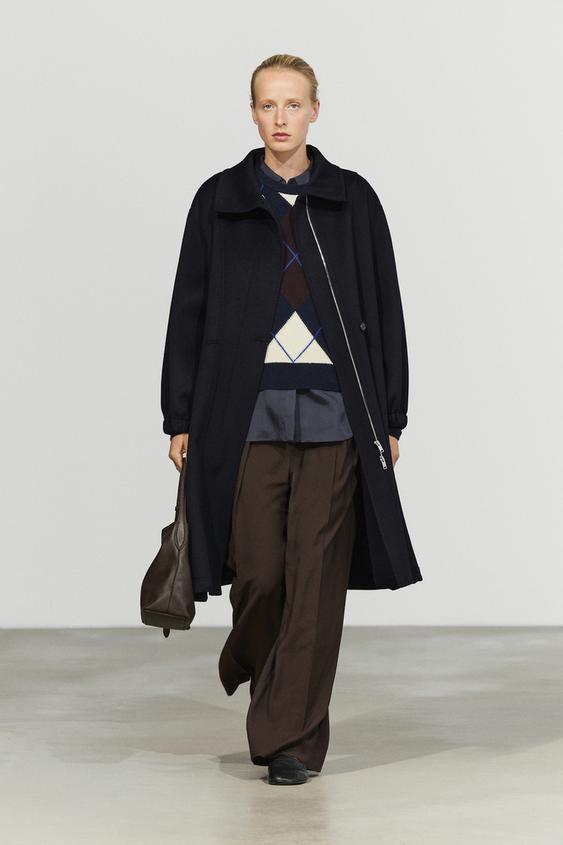 Zara Long wool-blend coat with high collar - Navy blue - Image 0