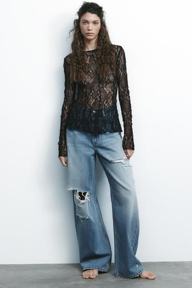 TRF BAGGY FRAYED MID-RISE JEANS - Blue by Zara