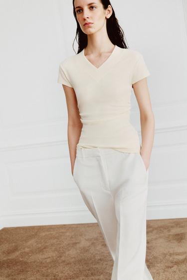 Zara DRAPED LINEN BLEND T-SHIRT - Ecru