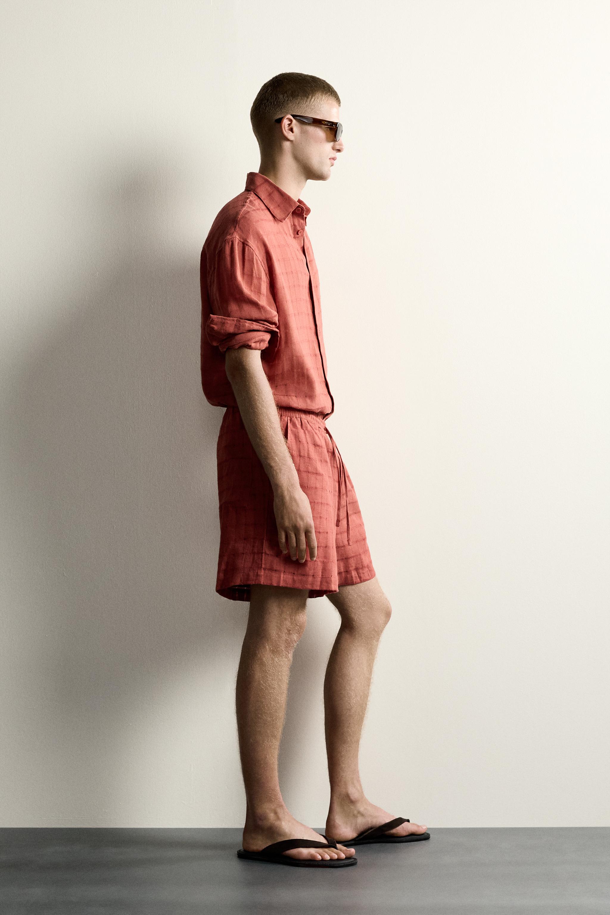 LINEN COTTON BLEND CHECKERED JACQUARD SHORTS