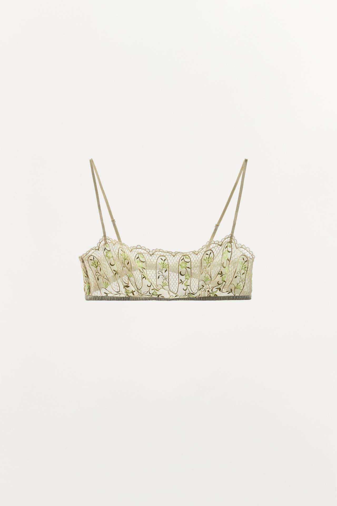 EMBROIDERED FLOWER LACE BANDEAU BRA — Light ecru