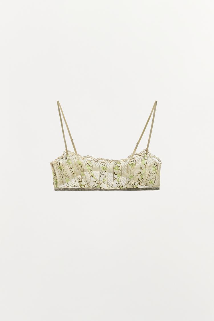 EMBROIDERED FLOWER LACE BANDEAU BRA — Light ecru