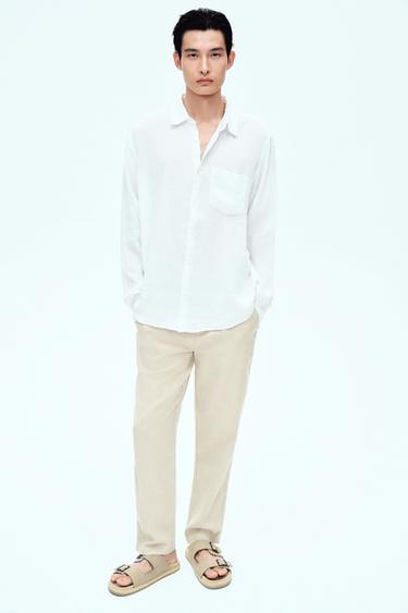 Zara 棉質-亞麻長褲 - 淺米色