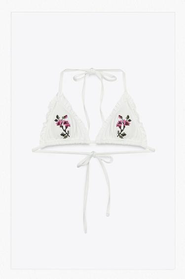 TROJÚHELNÍKOVÝ BIKINOVÝ TOP S KVĚTINAMI A KŘÍŽKOVÝM STEHEM - Přírodní od Zara