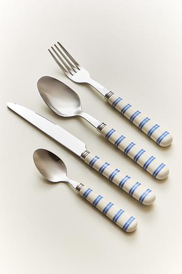 CUTLERY SET WITH STRIPED HANDLE (SET OF 4) - Blue by Zara