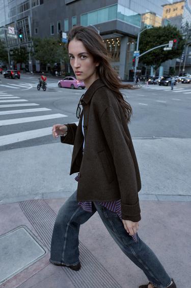 КЪСО ПАЛТО С ВЪЛНА - Тъмнокафяв от Zara