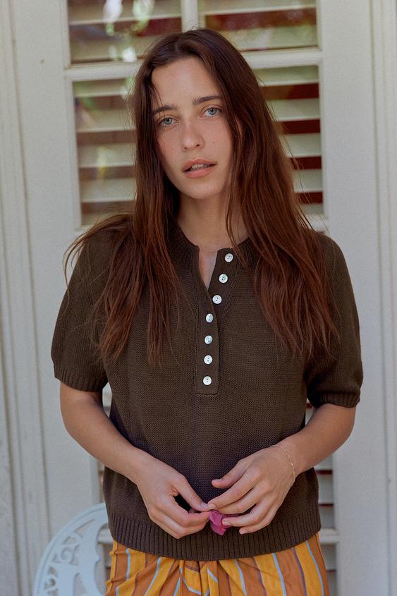 SHORT SLEEVE KNIT JUMPER WITH BUTTONS - Brown by Zara - Image 0