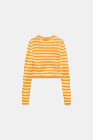 CROPPED STRIPED KNIT CARDIGAN - Orange / Yellow by Zara - Image 3