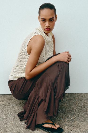 JUPE MI-LONGUE À VOLANTS ET DENTELLE - Marron de Zara - Image 4