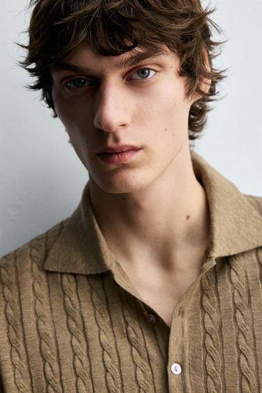 CABLE KNIT TEXTURED POLO SHIRT - Mid-camel by Zara - Image 4