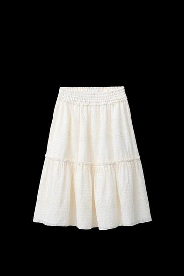 Zara EMBROIDERED MIDI SKIRT - Ecru