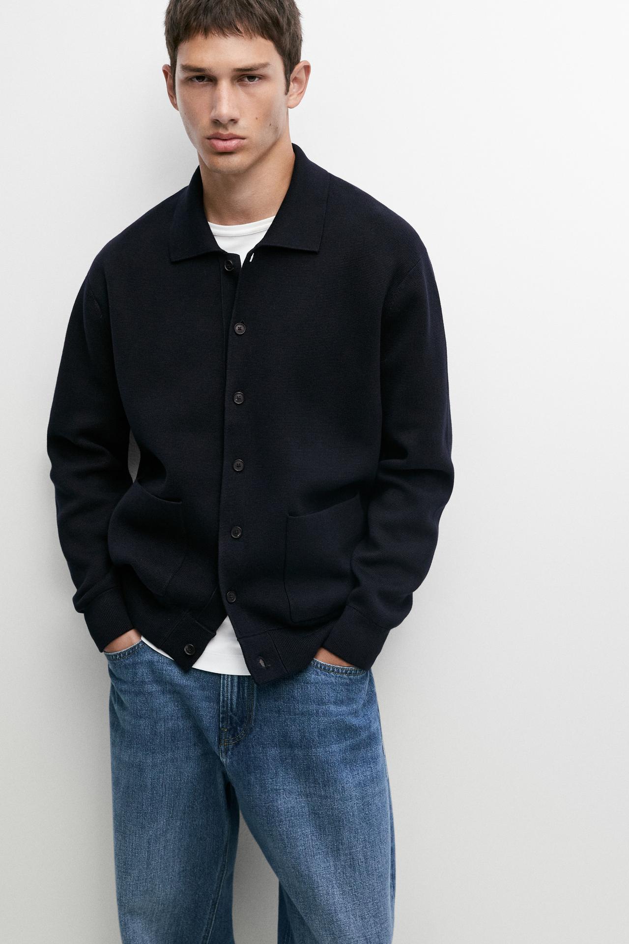 100% cotton knit polo collar cardigan — Navy blue