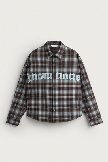 Zara 文字貼飾格紋襯衫 - 棕色-藍色