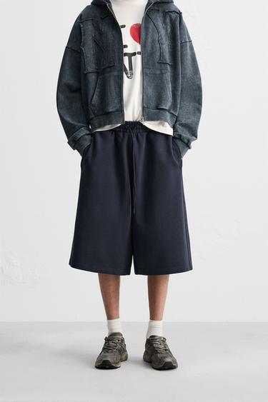 Zara 刺繡寬鬆版慢跑短褲 - 明藍色
