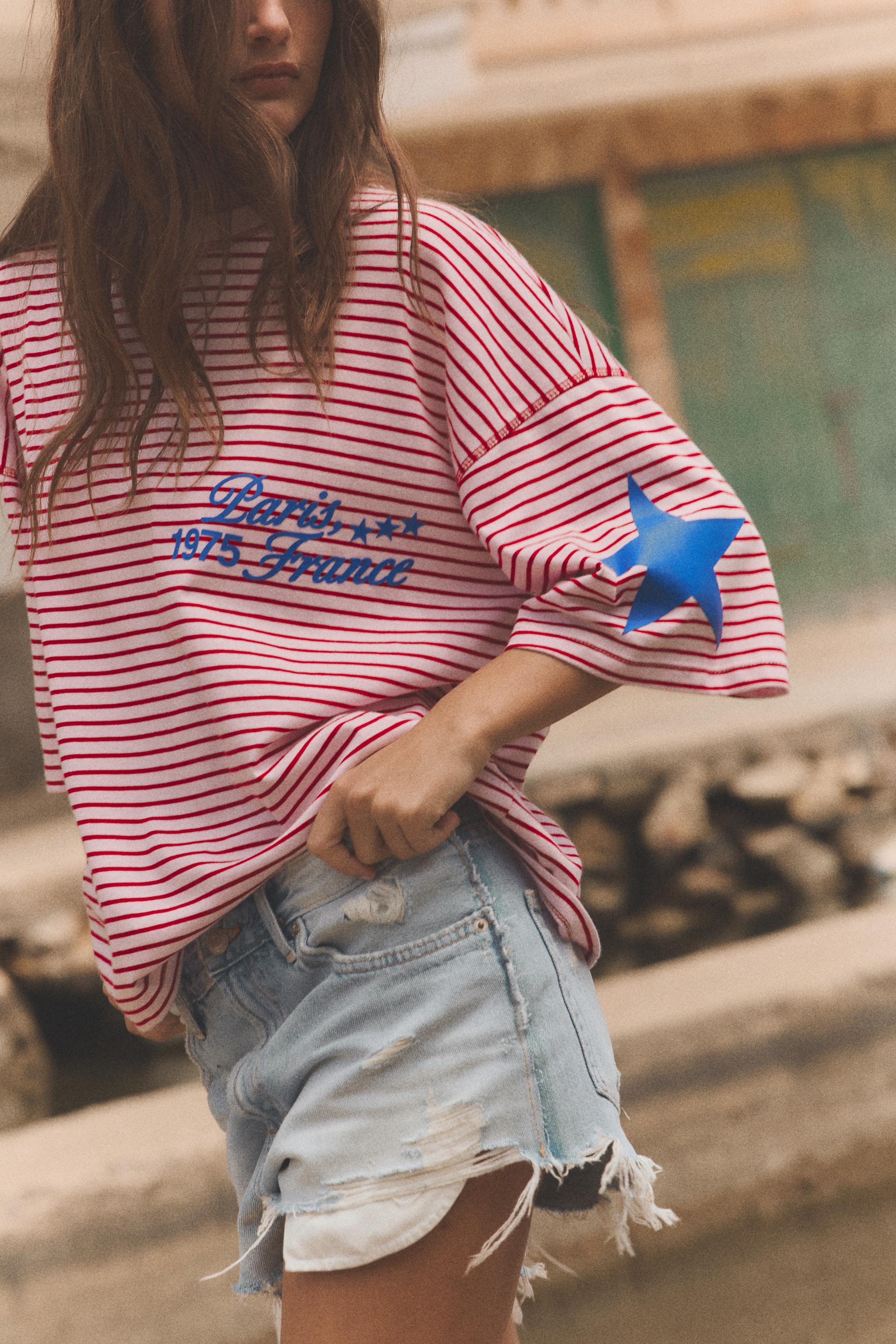ストライプスターテキストTシャツ - ピンク | ZARA Japan / 日本