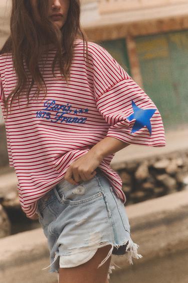 OVERSIZE STRIPED T-SHIRT WITH STAR TEXT - Pink by Zara - Image 3