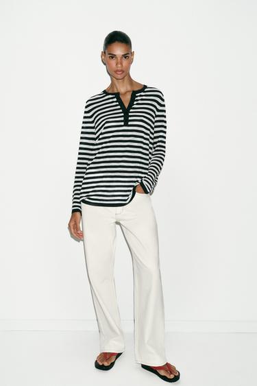STRIPED JUMPER WITH BUTTONS - Navy / White by Zara