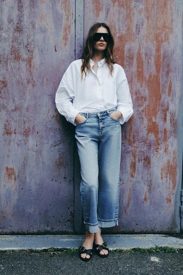 Zara Z.07 MID-RISE RELAXED FIT JEANS WITH TURN-UP HEM - Mid-blue