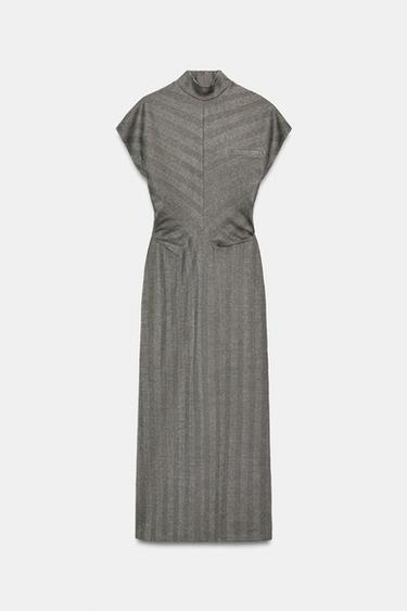 Zara 人字紋中長版洋裝 - 灰色 / 米色