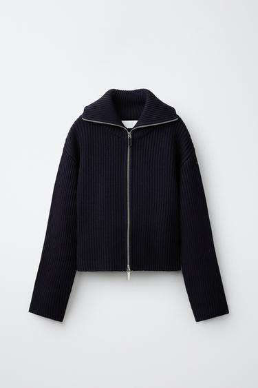 Zara RIBBED KNIT CARDIGAN - navy