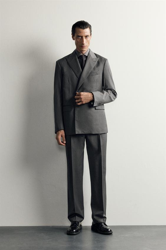 100% WOOL STRIPED SUIT BLAZER - Grey / Blue by Zara - Image 0